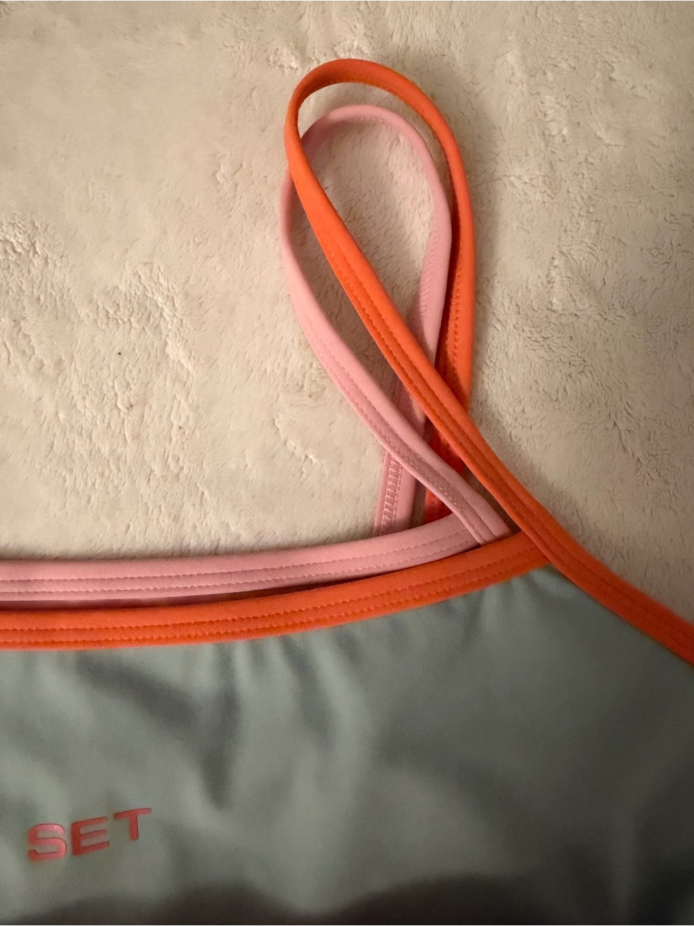 NWT SET Active Light Blue Bike Shorts and Sports Bra with Pink and Orange Trim - Picture 10 of 12